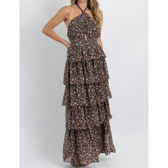 NEW OLIVACEOUS hyland floral frill maxi dress in black - Picture 3 of 5
